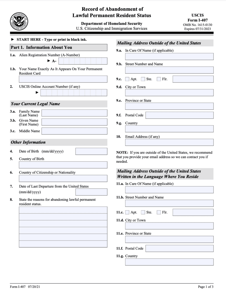 Form I-407: Give Up Permanent Residency | VisaNation