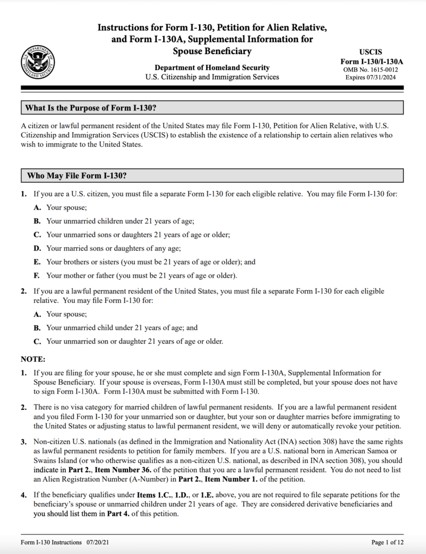 How to File Form I-130A Supplemental Information for Spouse