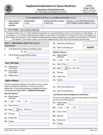 How to File Form I-130A Supplemental Information for Spouse