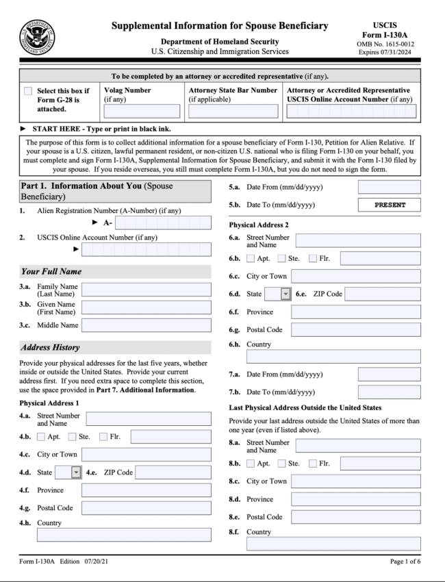 How to File Form I130A Supplemental Information for Spouse